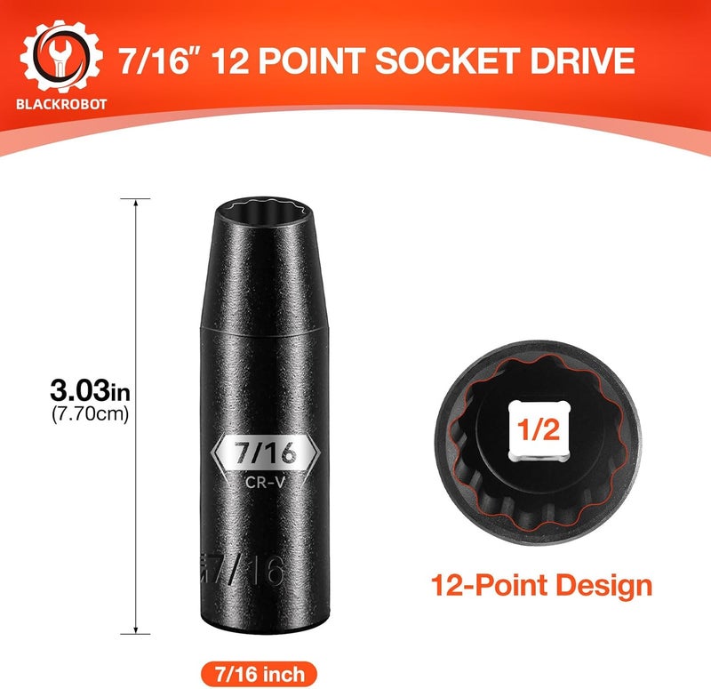 BLACKROBOT 7/16 inch 12-Point Deep Impact Socket, 1/2 Inch Drive, Metric, Cr-V Steel With Black Manganese Phosphate Coating - Image 2
